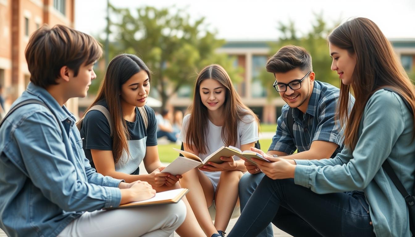 Students studying together in modern classroom